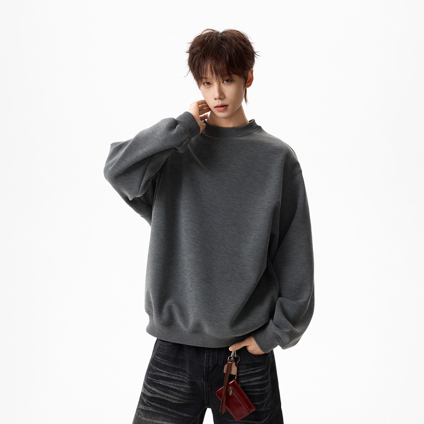 原创现货A412-FM801-特P55-超高质量400g加绒加厚格雷灰圆领卫衣，男装卫衣，电商A412