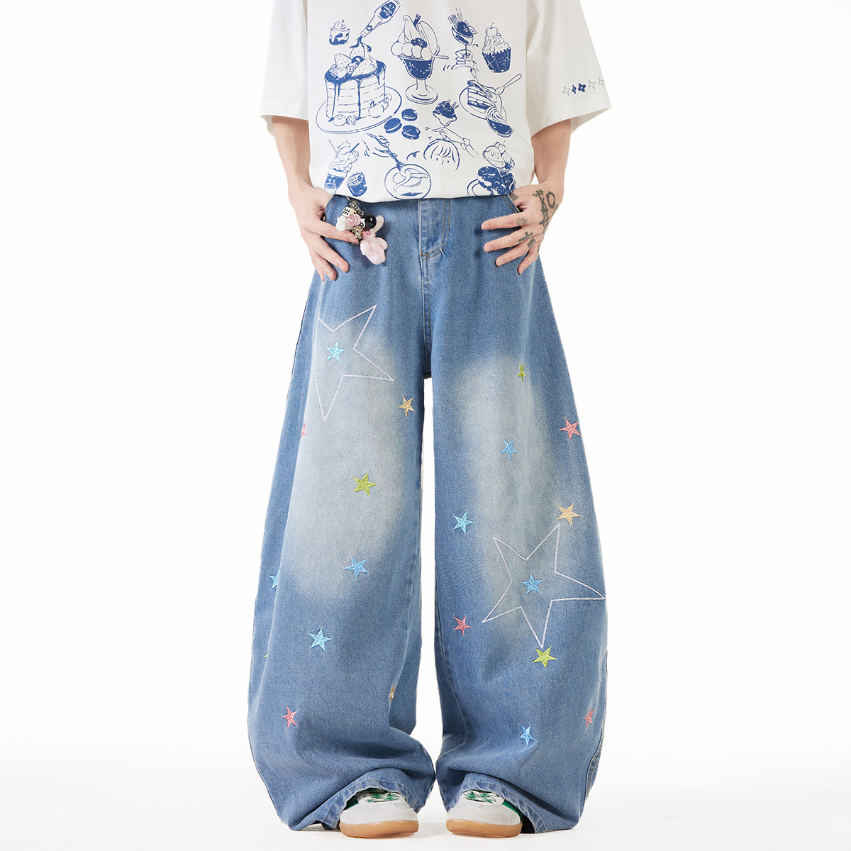 现货A412-DM375-P60-限88-刺绣星星弯刀廓形牛仔裤图片