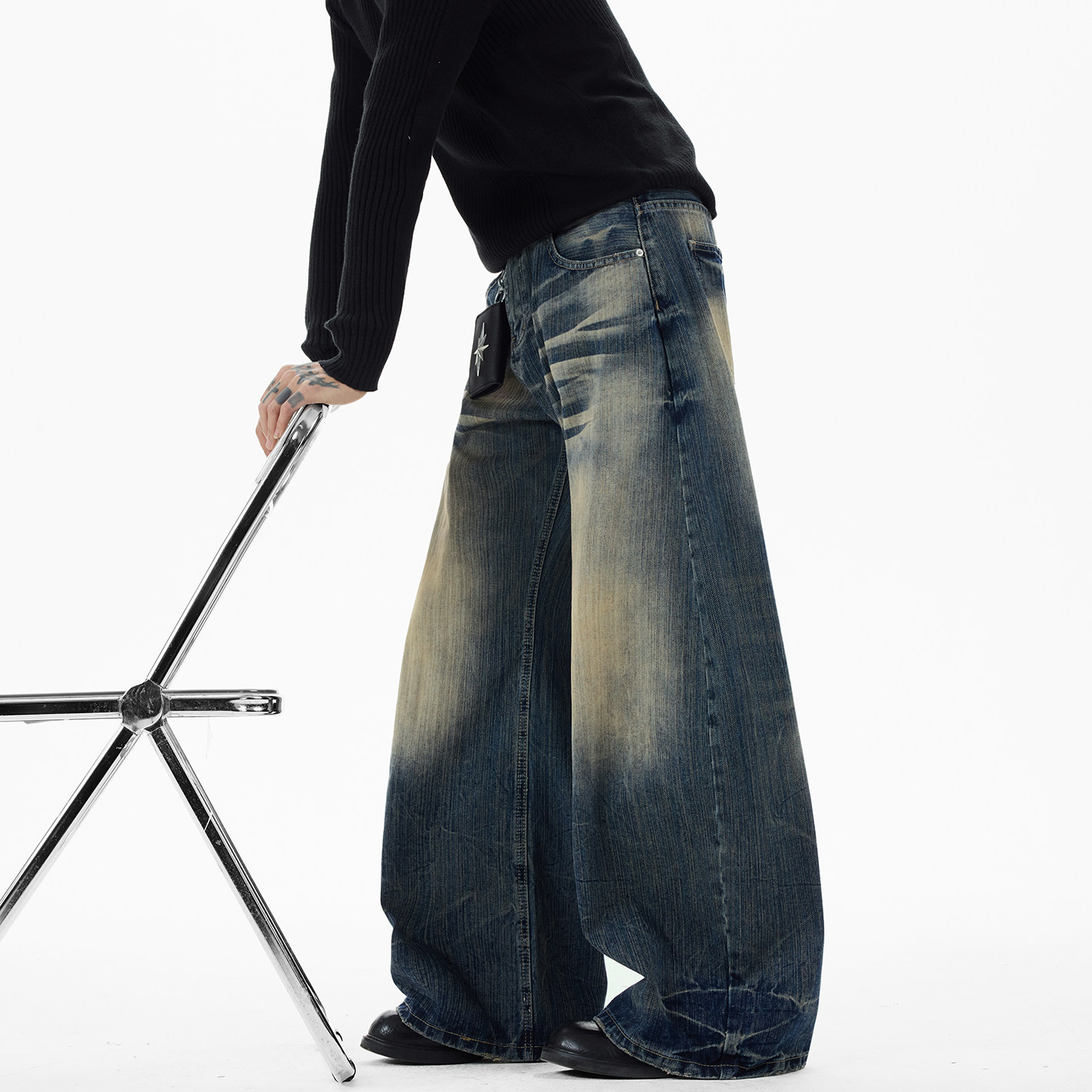 现货A412-DM540-特P59-限价108加厚原版竹节纹水洗做旧廓形牛仔裤，男装牛仔裤，电商A412