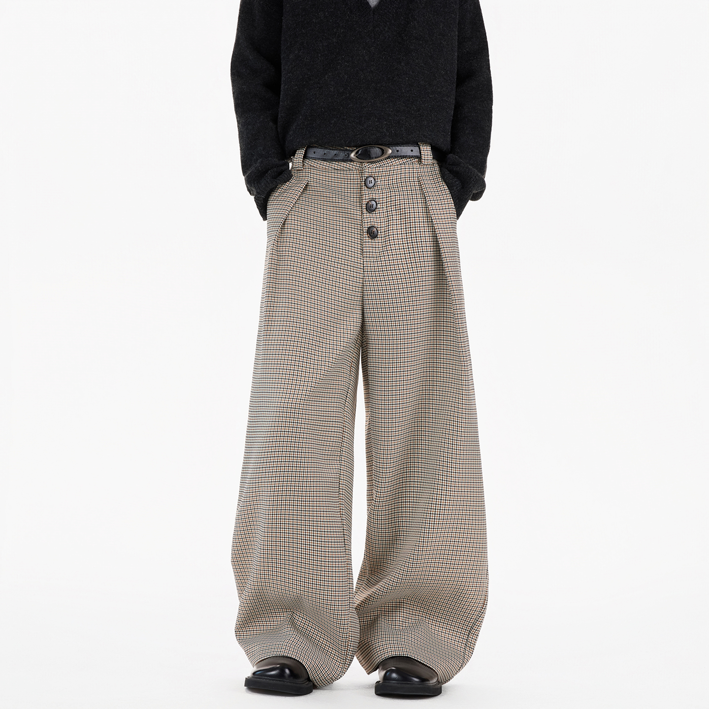 现货A412-DM521-特P48-限价88-千鸟格打褶A字排扣休闲西裤，男装西裤，电商A412