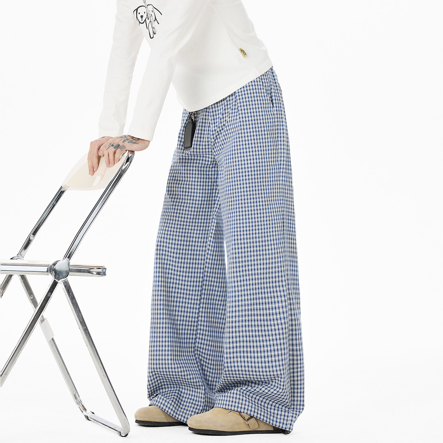 现货A412-DM558-特P45-限价88-蓝色褶皱格子西裤成份100涤纶，男装西裤，电商A412