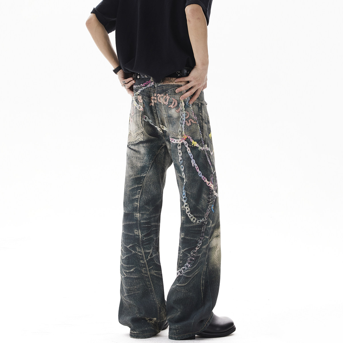 现货A412-DM387-特批50-3D打印糖果拉链印花牛仔裤,男装牛仔裤,电商A412