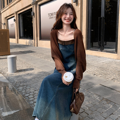 法式针织披肩牛仔吊带连衣裙套装裙女春秋韩系氛围感穿搭减龄绝美