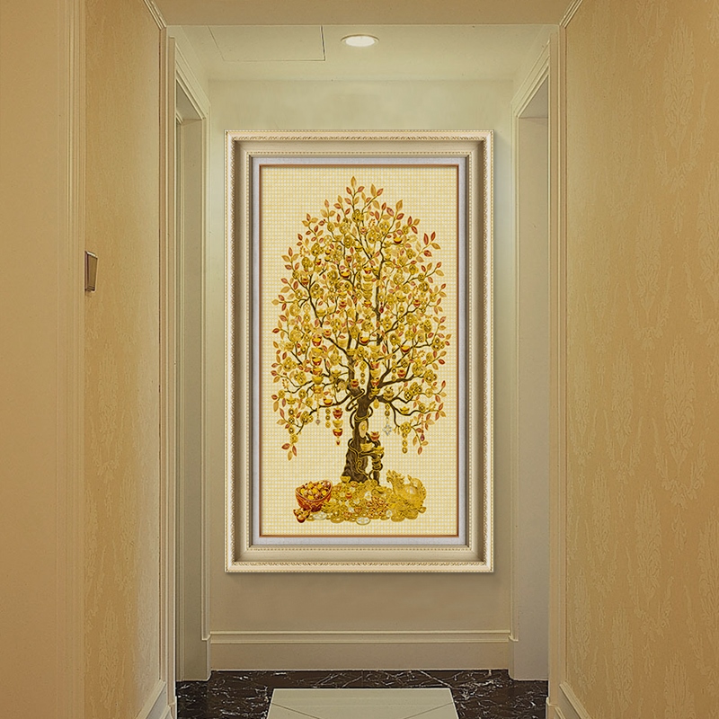 发财树欧式装饰画风水走廊挂画竖版玄关摇钱树招财美式墙壁画网红图片
