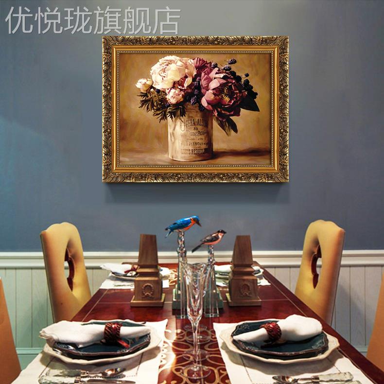 网红客欧式喷绘画油画厅装饰典花卉画餐厅玄关古挂画壁有框横版墙图片