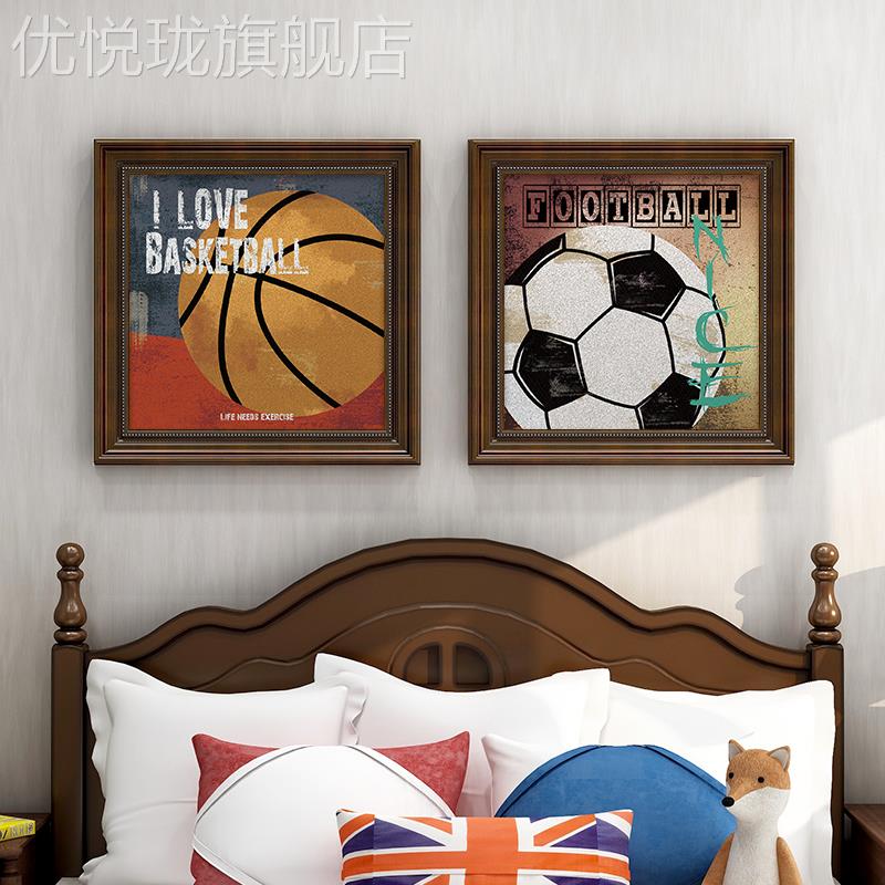 网红孩欧式卧室篮景球足球挂画儿童装饰画房大男房间床美头背墙画图片