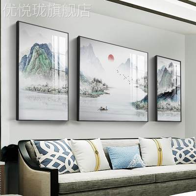 网红新中式厅装饰画水挂墨画现代简约沙发背景墙三联画山水靠山壁