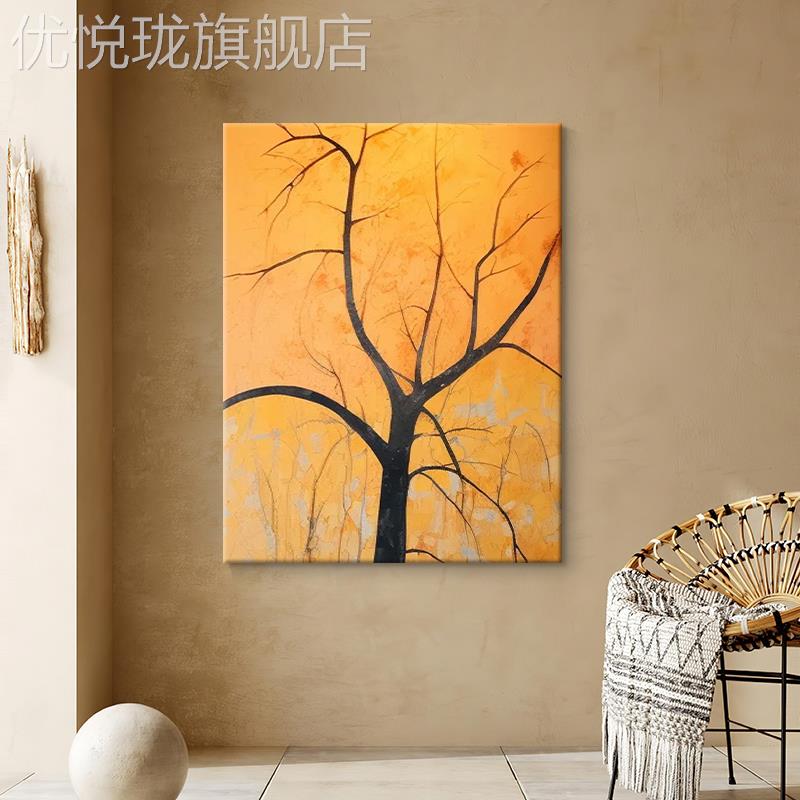 网红抽象黄色发大树手绘油金画财装饰画客厅挂玄画入户走廊关树肌图片