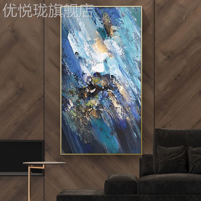 网红纯手关绘油画客厅厚理象挂装饰画玄走廊肌背景墙现代竖版蓝色图片