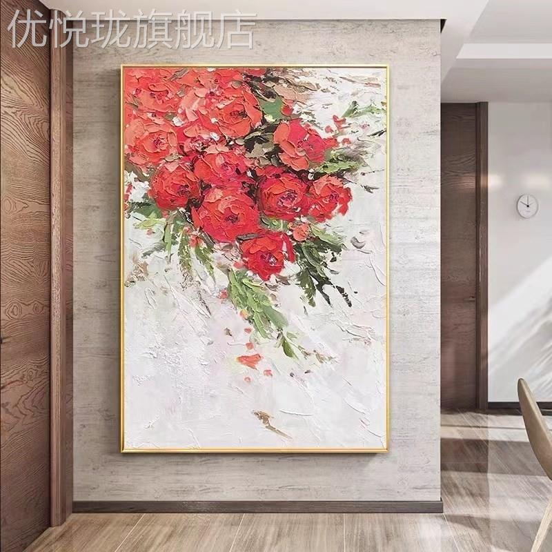 网红手绘油抽画背象牡丹花卉玄关装饰画现代简约客厅沙发景墙餐厅图片