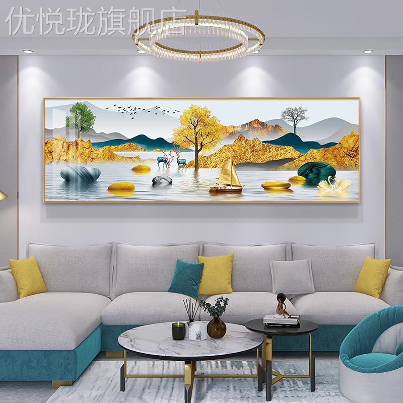 网红中式客水厅沙发背景墙装约饰画麋鹿家和富新贵现代简壁画山挂