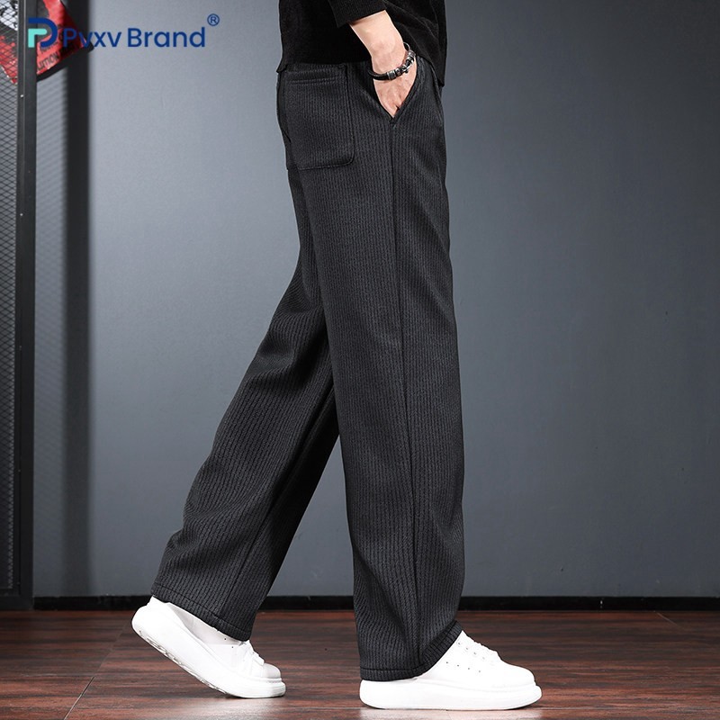 高端条纹休闲西裤男日常宽松直筒西装裤弹力加绒黑色男士长裤子