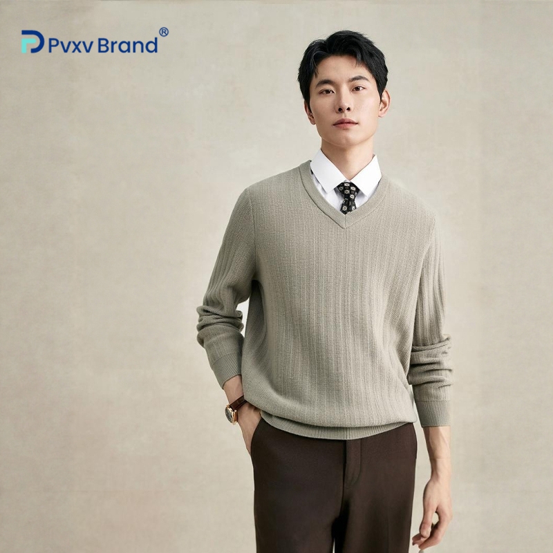 100%纯羊毛衫男半精纺可机洗V领