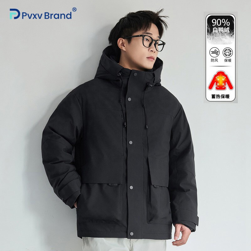 百搭工装连帽羽绒服男加厚保暖外套2025冬季宽松简约休闲夹克男