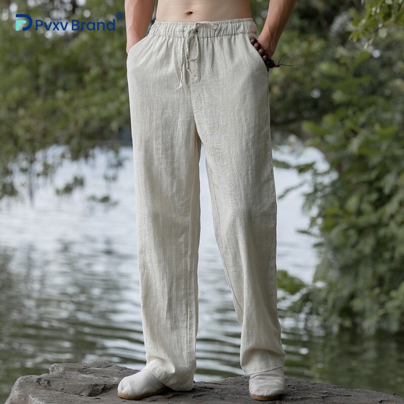 春夏中国风男装亚麻休闲裤宽松大码薄款直筒中老年唐装棉麻长裤子