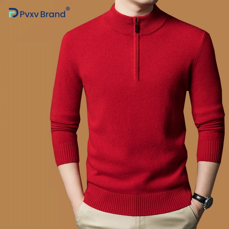 鄂尔多斯市产本命年加厚羊毛衫男100纯羊毛半高拉链针织打底衫男