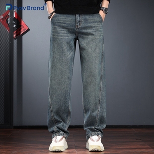 高端工装牛仔裤男美式复古宽松直筒阔腿裤石洗休闲痞帅宽腿裤潮
