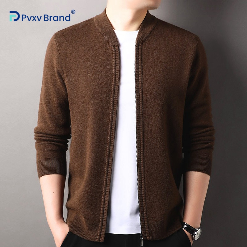 100%纯羊毛毛衣外套男士冬季厚款棒球领韩版纯色针织开衫拉链夹克