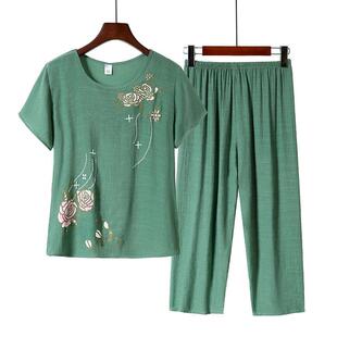 夏天薄款 棉麻妈妈装 套装 睡衣女夏季 中老年人休闲家居服可外穿 短袖