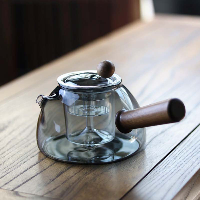日式憨厚短嘴泡茶壶实木侧把蒸煮两用壶电陶炉煮茶壶耐热玻璃壶