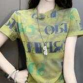 圆领打底衫 短袖 洋气字母印花遮肚显瘦T恤上衣 夏季 中年妈妈装