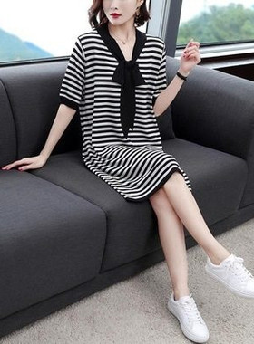 大码女装2026新款夏装V领短袖连衣裙时尚宽松显瘦中长款A字裙帽子