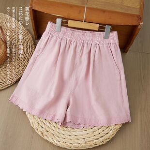 夏季 子短款 新款 休闲宽松透气花边气质热裤 女 2026时尚 棉麻休闲短裤