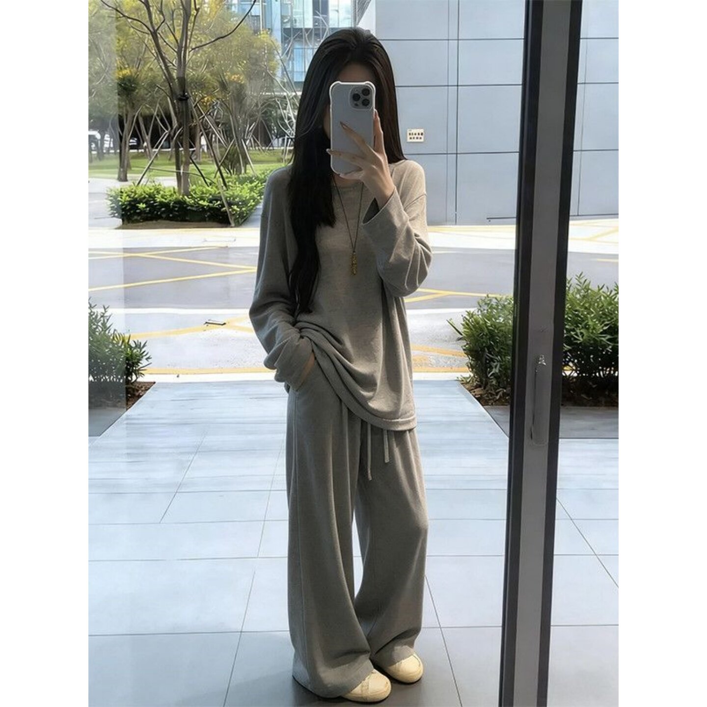 韩系慵懒休闲运动服套装女春秋松弛感宽松灰色长袖长裤少女两件套