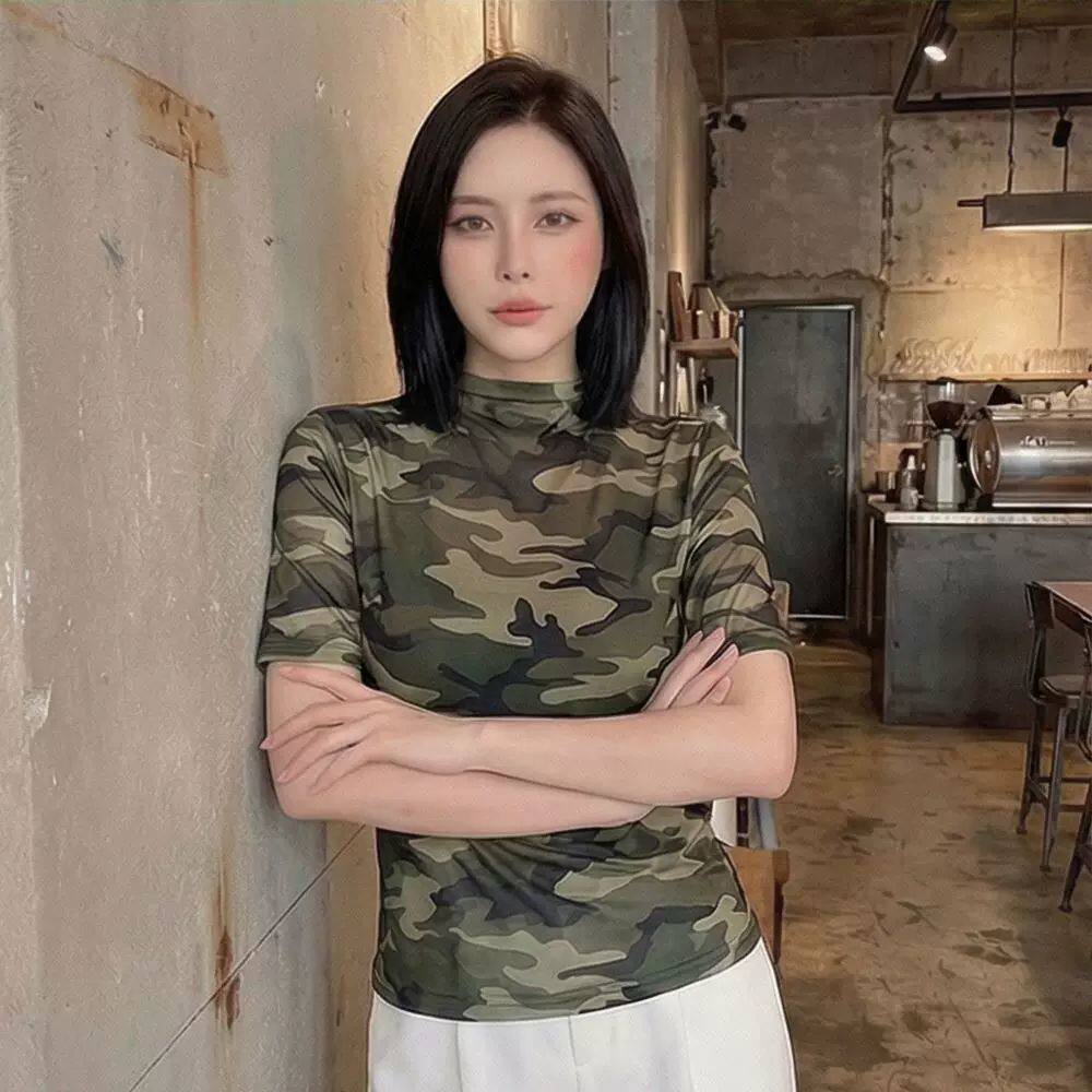 双层网纱夏季迷彩美式短袖T恤新款修身显瘦小众爆款软纱上衣女