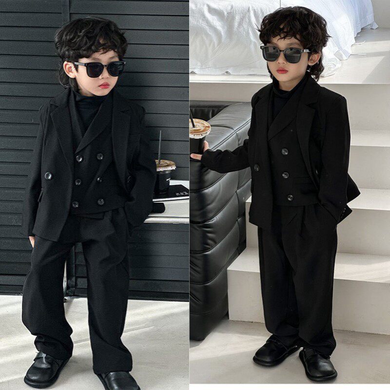 儿童痞帅小e西装男童酷帅套装2023新款西服男孩礼服秋冬主持人服