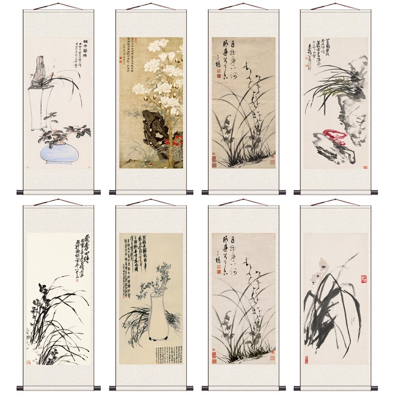 国画花鸟字画名家兰花图挂画新中式玄关装饰画丝绸挂画送客户卷轴