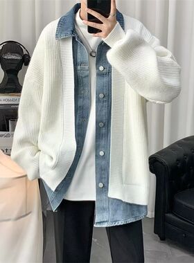 牛仔拼接假两件开衫毛衣外套男秋冬季设计感针织衫休闲宽松毛线衣
