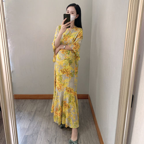 子妤自制夏季新款V领系带雪纺鱼尾中长款L孕妇连衣裙大码黄色战袍