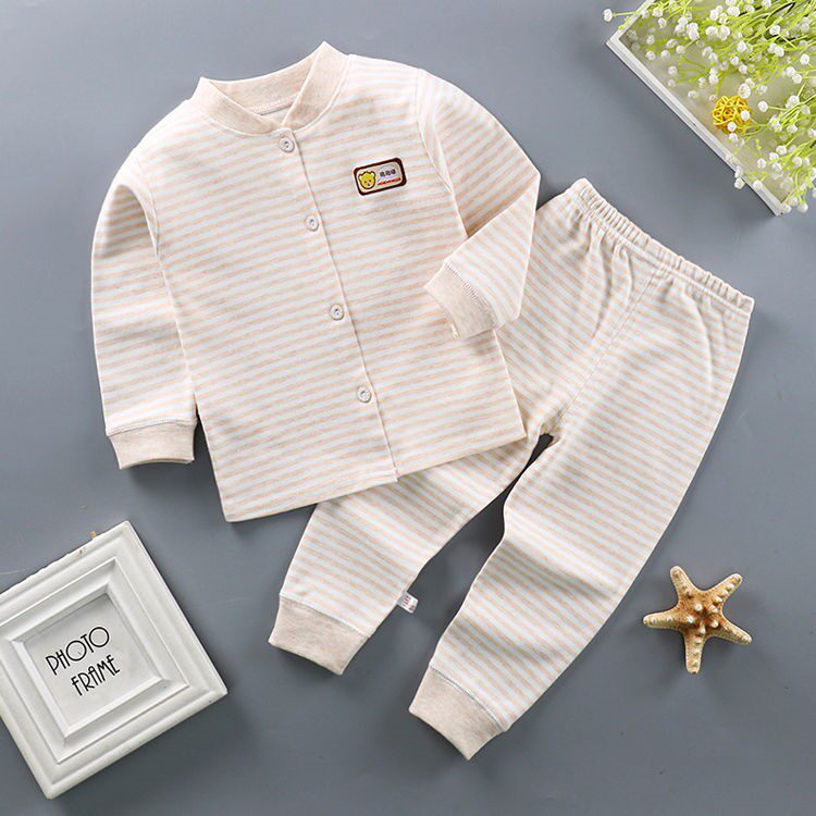 宝宝纯棉开衫秋衣秋裤儿童彩棉圆领睡衣上衣O男童女童内衣套装秋