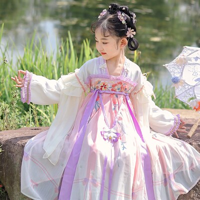 花颜    女童汉服秋装连衣裙长袖中国风改N良古装裙子儿童齐胸襦