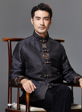 高档中式香云纱唐装男中老年休闲加厚棉服秋冬季复古加厚盘扣棉袄