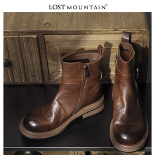 孤山定制水洗牛皮圆头厚底马丁靴复古烟筒靴女202T4新款粗跟短靴