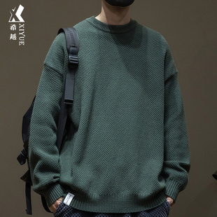 纯色简约百搭针织毛衣男2024春秋65F0g重磅宽松大码胖子军绿色毛