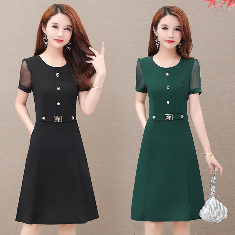 妈妈大码短袖连衣裙女30-40-50岁夏装中年修身显W瘦中长款打底裙