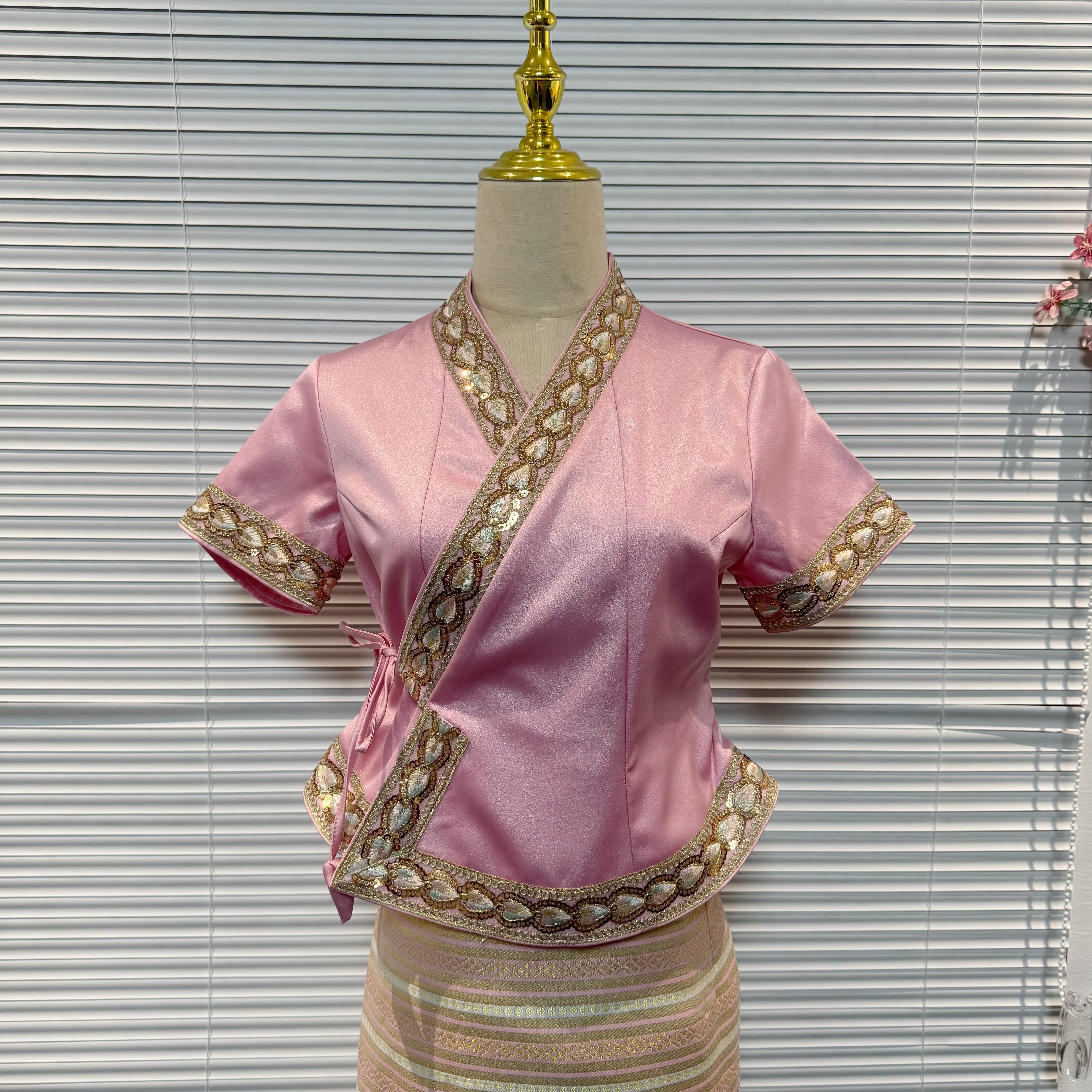 新款西双版纳傣族服装女提花上衣短袖工作服传统傣族日常装套装