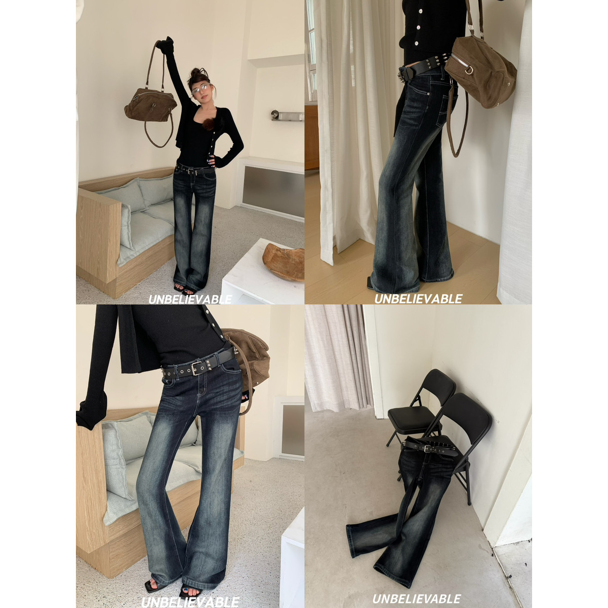 unbelievable-上新复古风渐变水洗长款加绒牛仔裤(不配腰带)3321