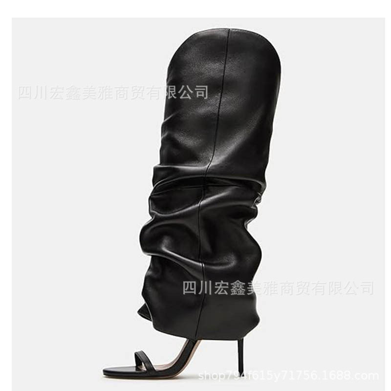 2025外贸新款圆头露趾细跟高跟一字带褶皱长靴凉靴一脚蹬大码女靴
