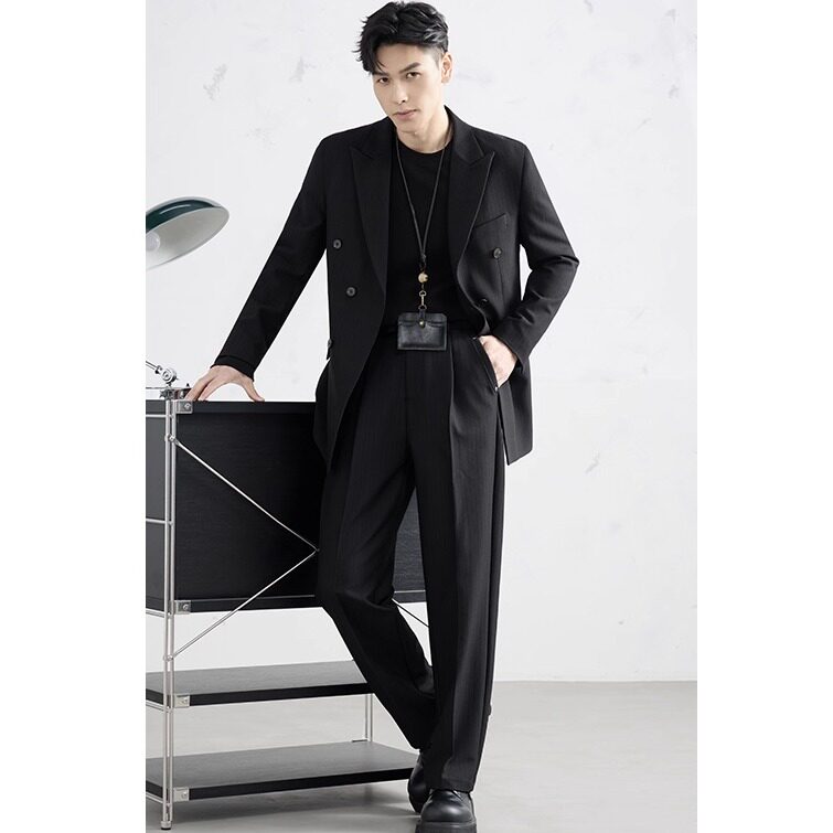 韩版男士双排扣西服两件套高级感宽松潮流外套休闲商务西装套装男