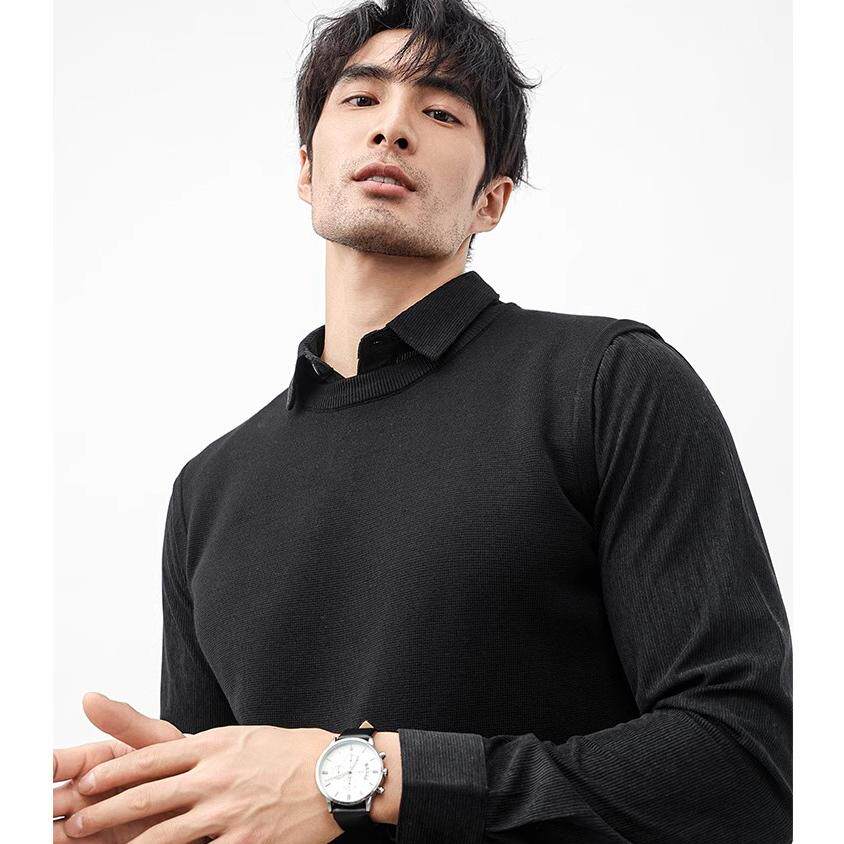 假两件针织衫男士韩版休闲加厚保暖高级感衬衫领拼接修身长袖毛衣