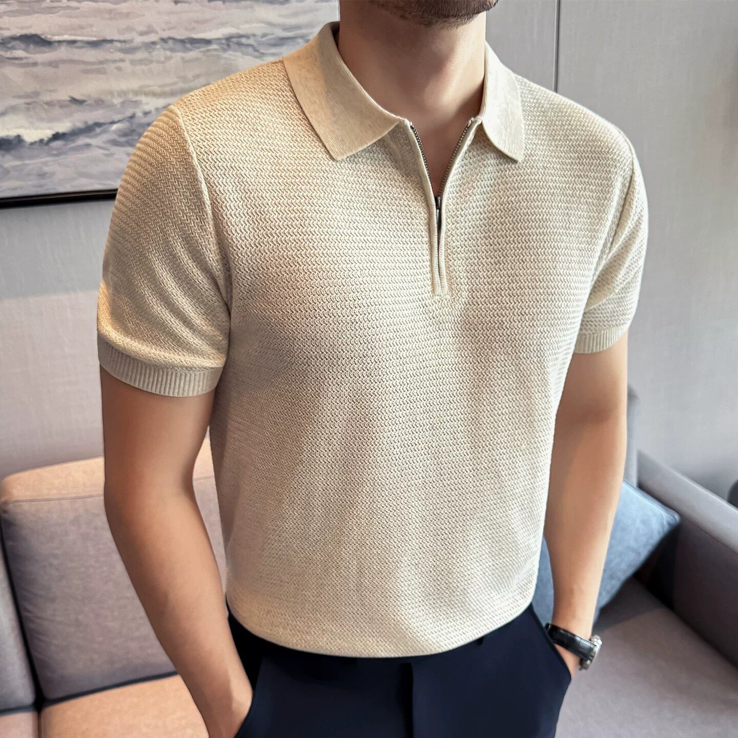 夏季男半拉链莱赛尔凉感Polo衫