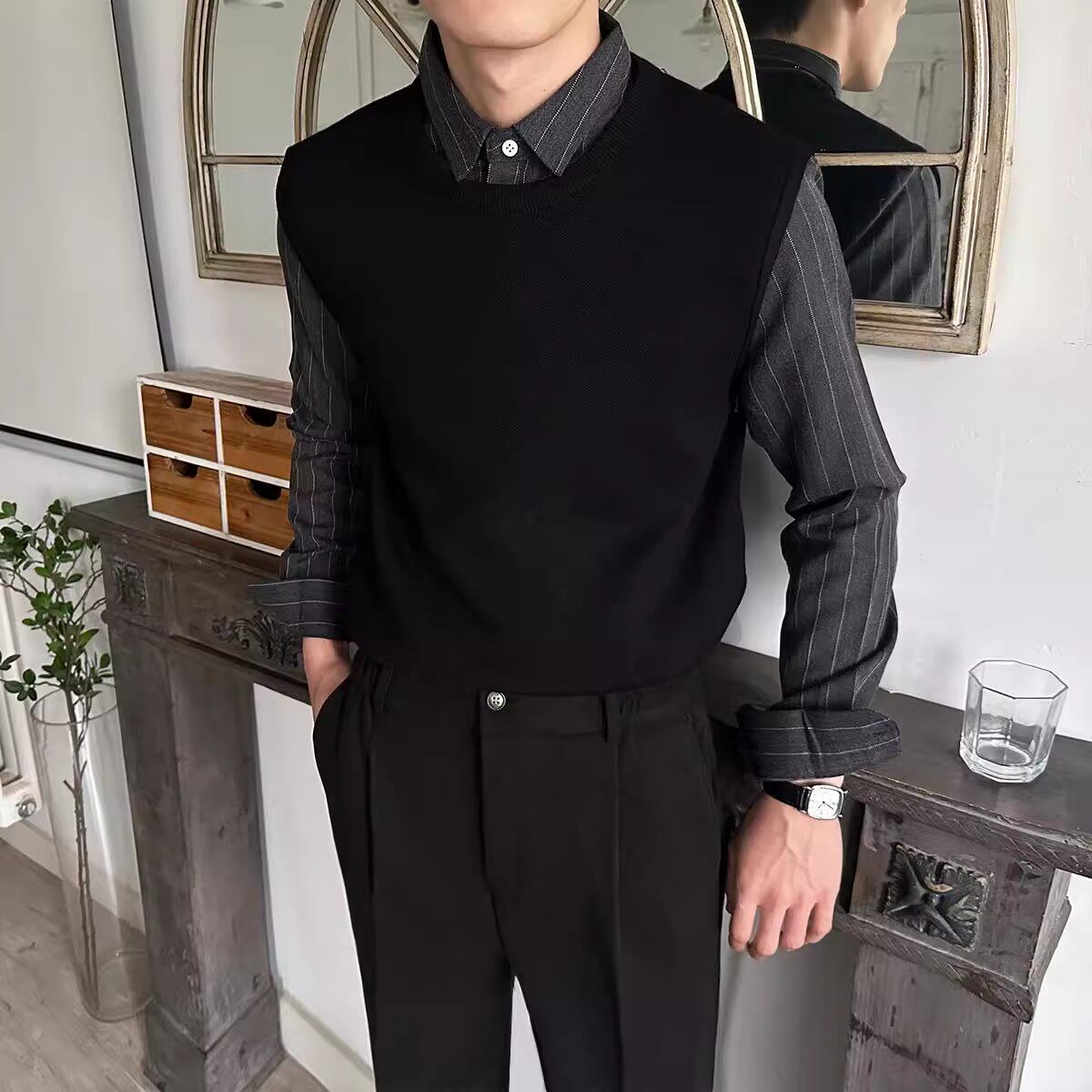 男士加绒加厚条纹衬衫假两件毛衣