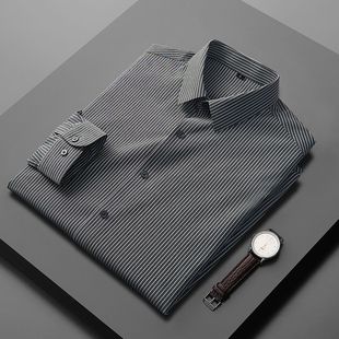 轻奢条纹衬衫男长袖高级感韩版休闲职业商务修身春秋免烫寸衫男装