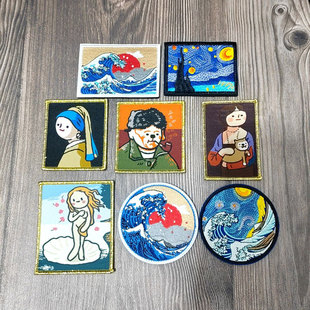 名人自画像魔术贴刺绣徽章神奈川大浪士气章刺绣包贴海浪星空臂章