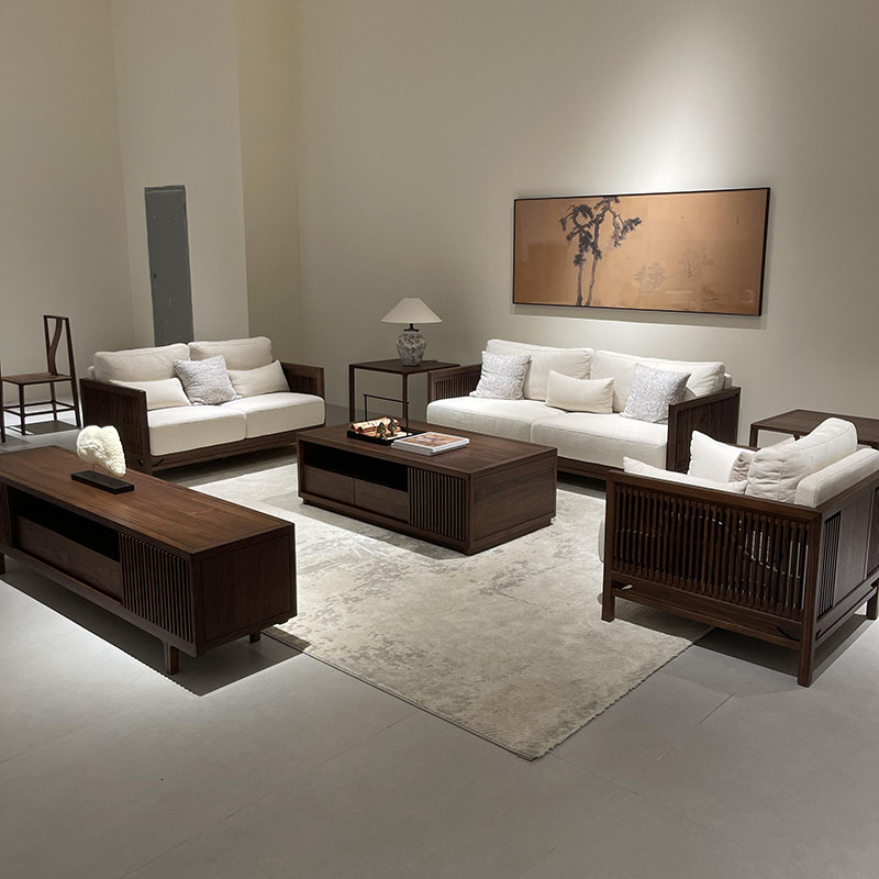 宋氏美学实木沙发新中式黑胡桃布艺小户型客厅中古禅意风2026新款