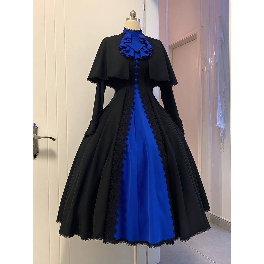 暗黑cla系黑紫色修女服长裙套装绝美收腰洛丽塔斗篷连衣裙两件套